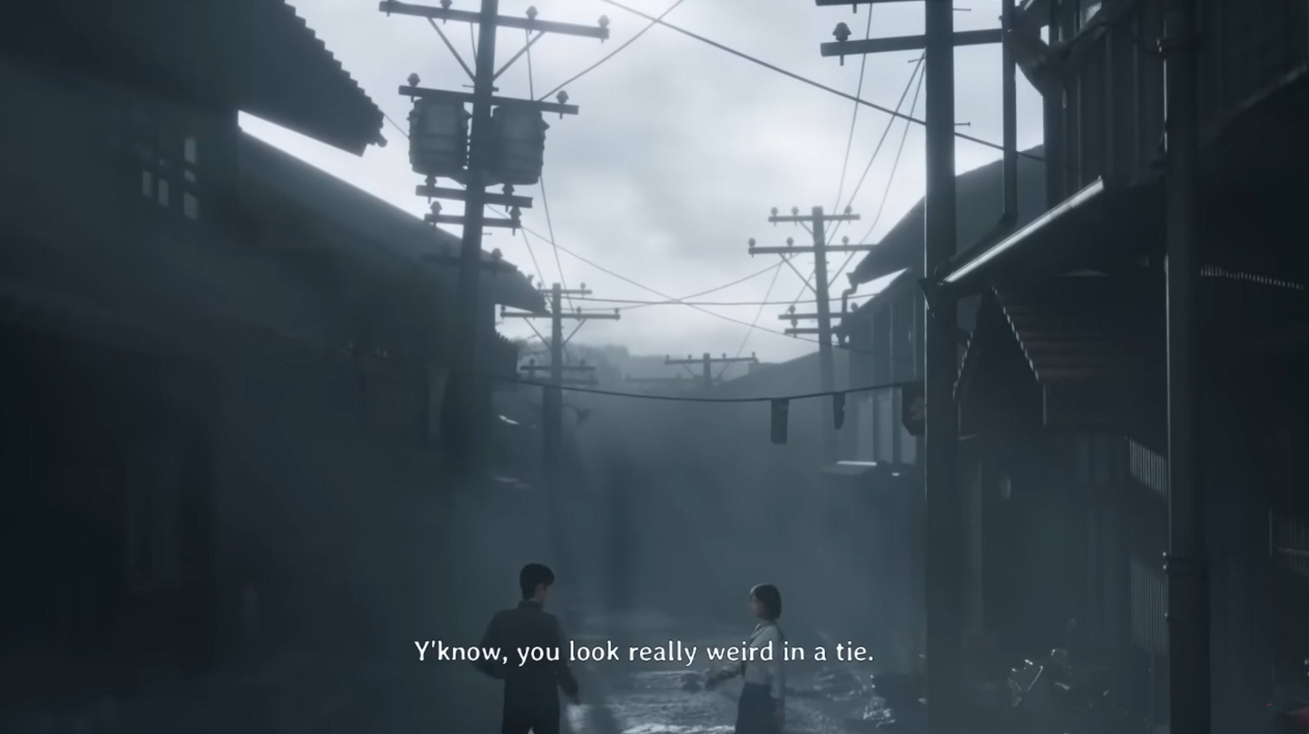 Hinako and Shu from Silent Hill f run down a foggy street.