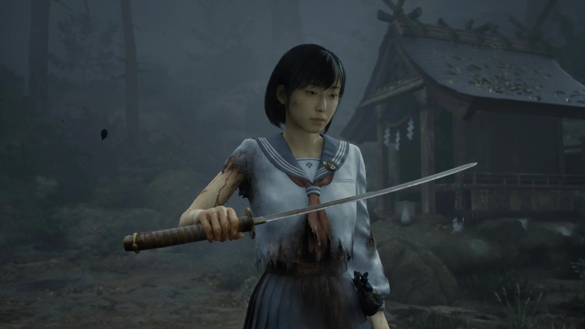 Hinako holds a sword in Silent Hill f.