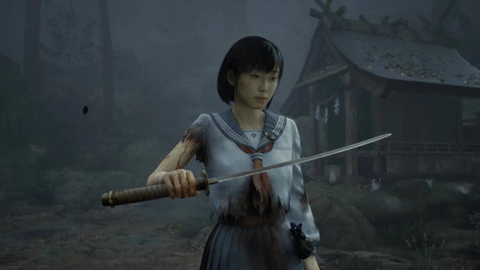 Hinako holds a sword in Silent Hill f.