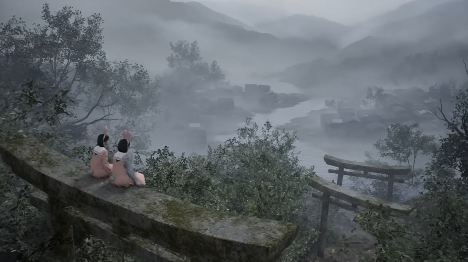 Two version of Hinako from Silent Hill f sit atop a torri.