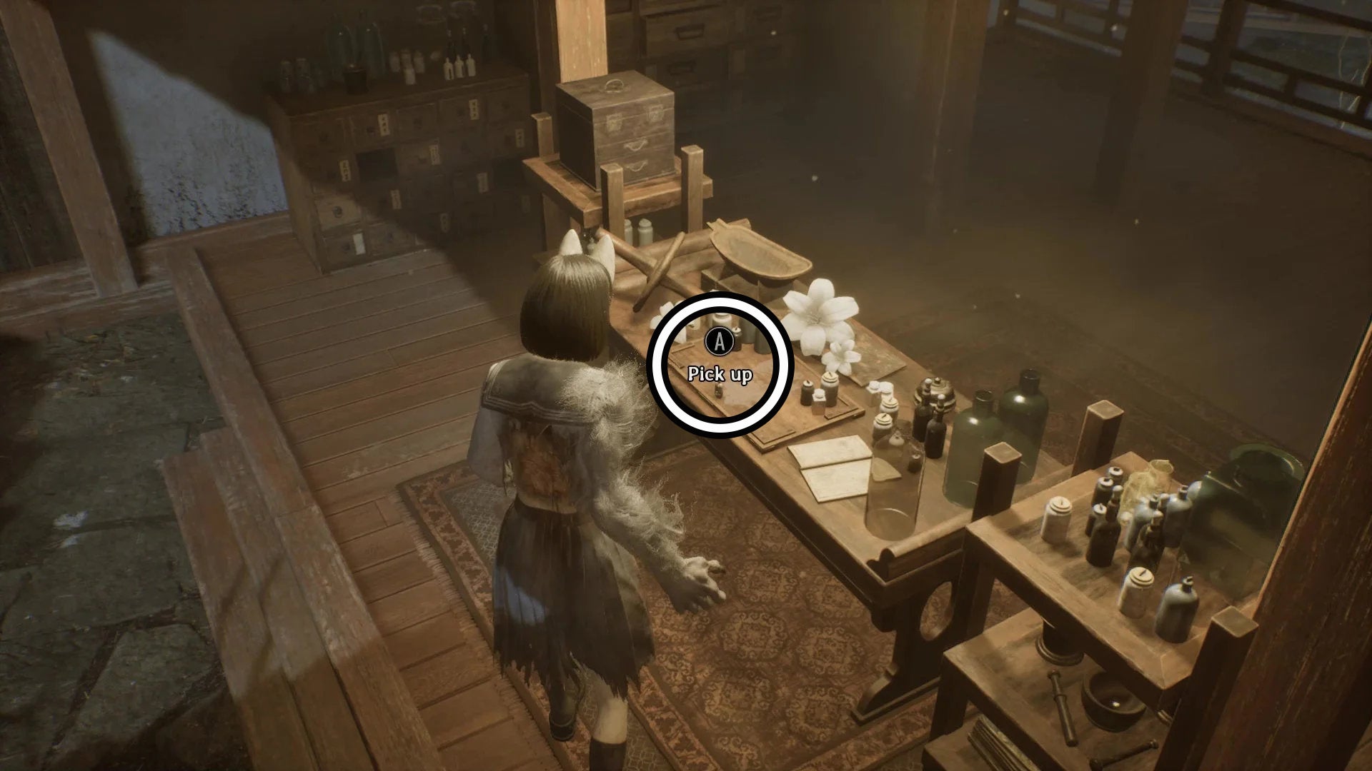 Picking up an item from a table in Silent Hill f.