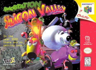 The box for Space Station Silicon Valley. It's an N64 game with various simply polygonal animals on it, all of them looking comically dangerous