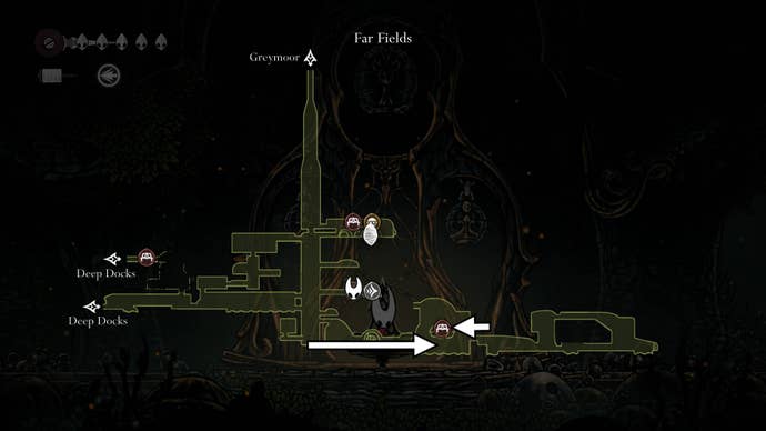 A map, labelled to show the Seamstress' location in Far Fields, is shown in Hollow Knight: Silksong