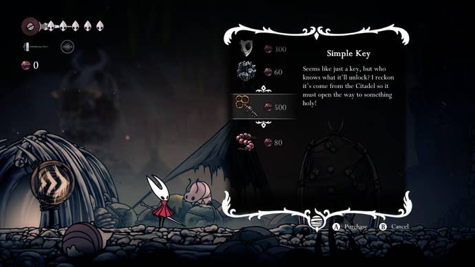 Hornet looks at Pebb's inventory in Hollow Knight: Silksong