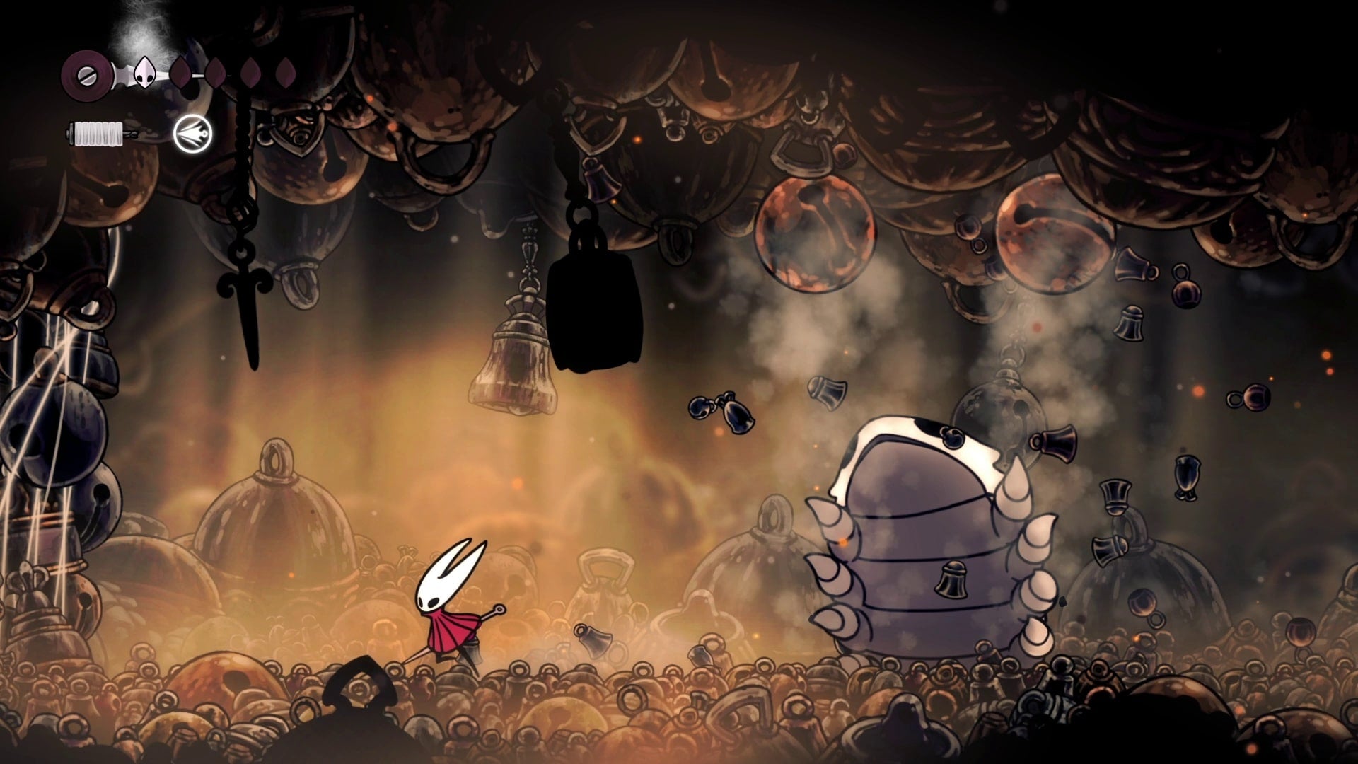 Hornet fights the Bell Beast as he throws bells at her in Hollow Knight: Silksong