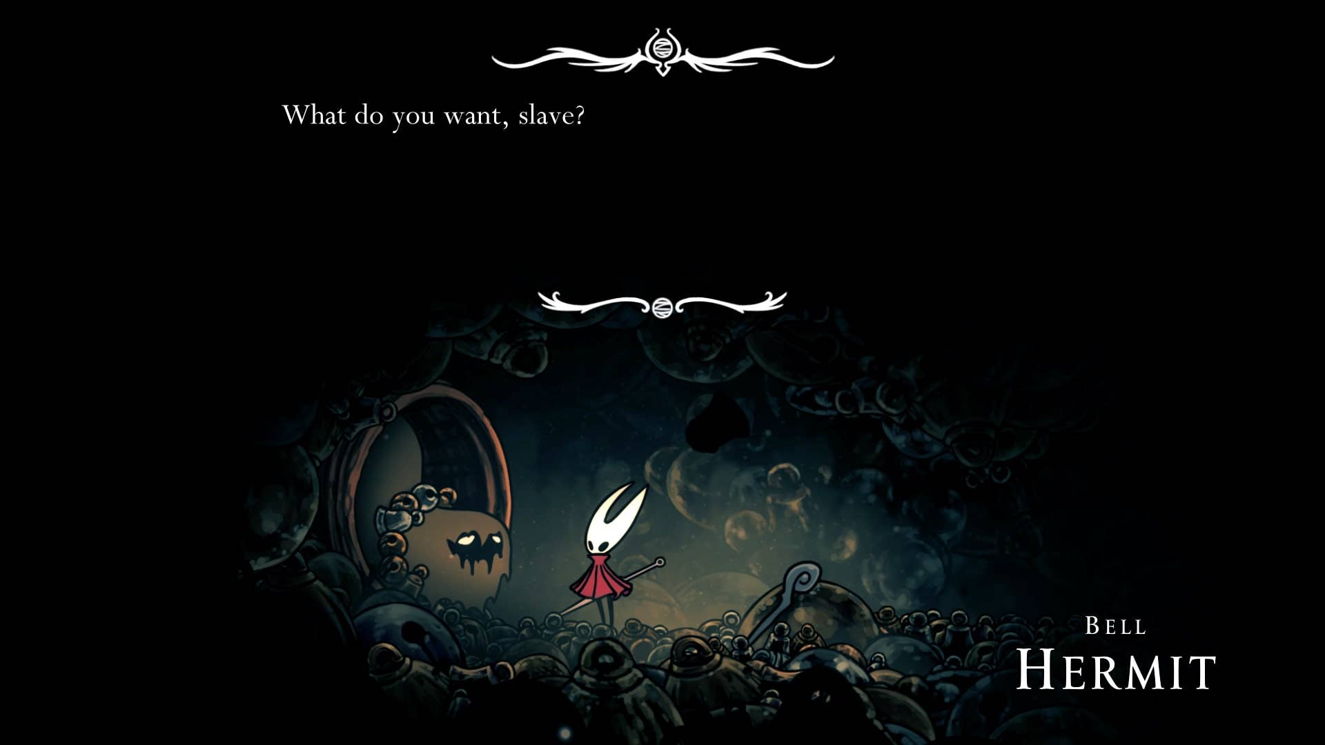 Hornet fala com o eremita Bell em Bellheart em Hollow Knight: Silksong