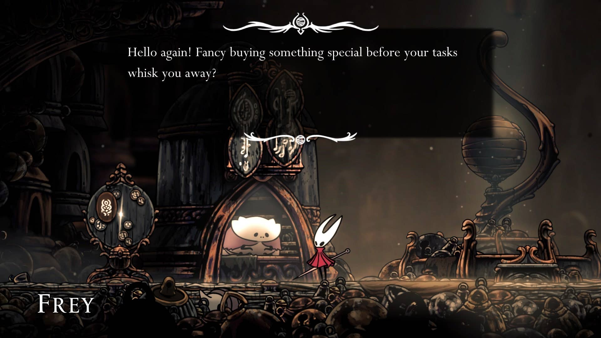 Hornet fala com Frey em Bellhart em Hollow Knight: Silksong