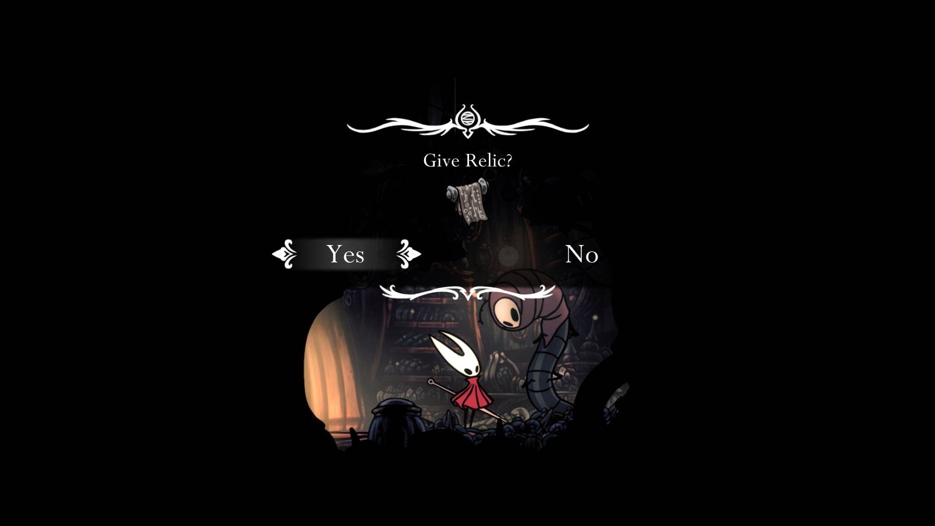 Hornet entrega uma relíquia para o buscador de relíquia Scrounge em Belhart em Hollow Knight: Silksong