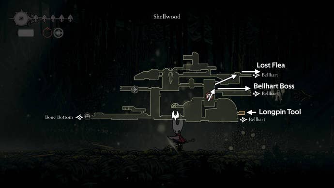 A map of Shellwood is labelled with all of its Bellhart exits and items in Hollow Knight: Silksong
