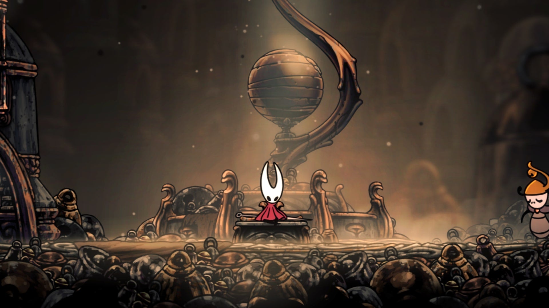Hornet sits on the Bench in the middle of Bellhart in Hollow Knight: Silksong