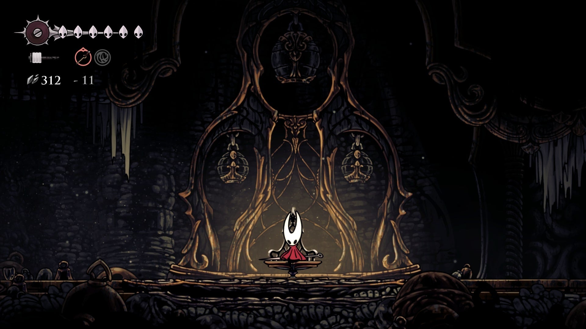 Hornet sits on the Bench in Blasted Steps in Hollow Knight: Silksong