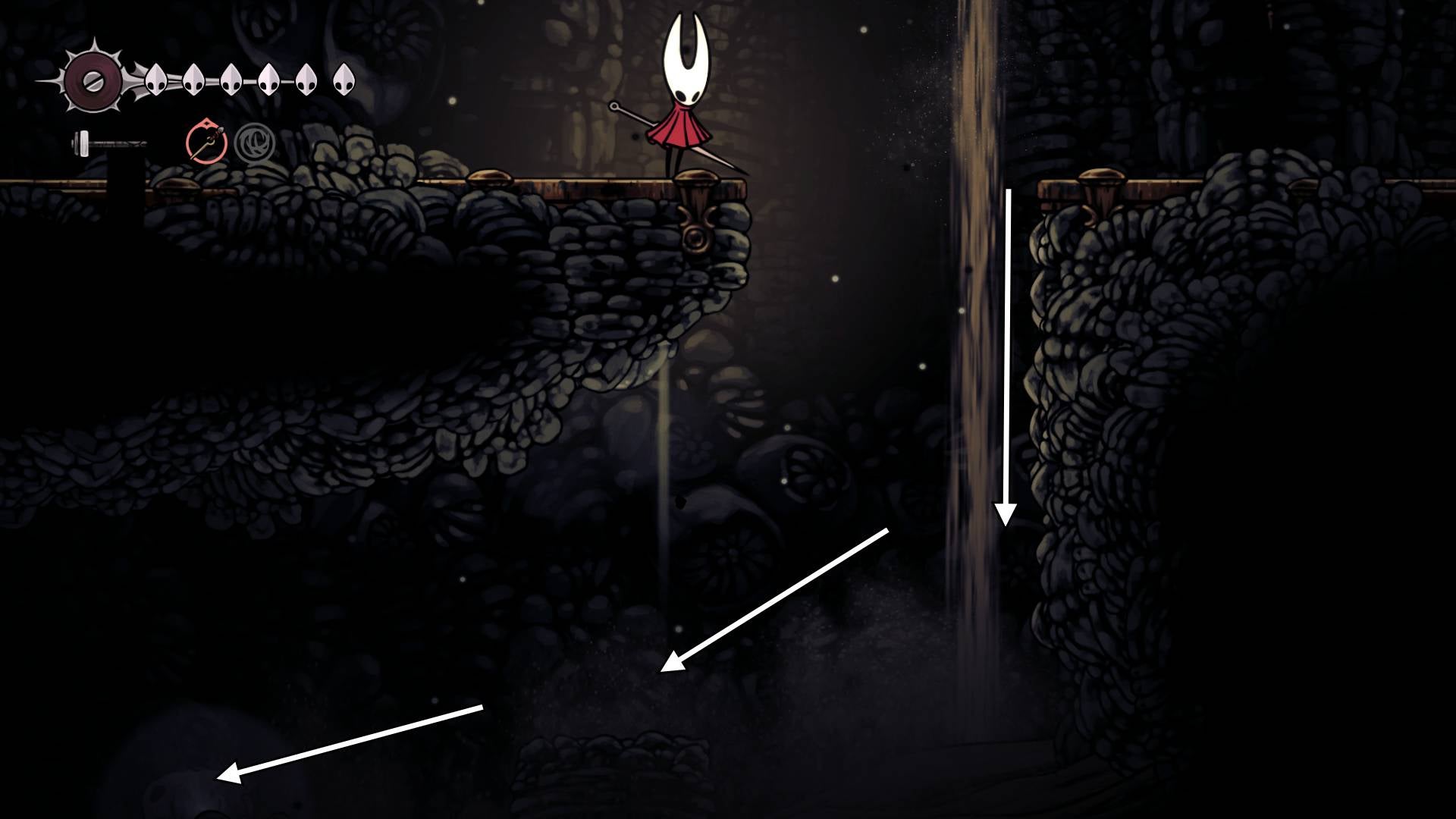 Hornet looks down beneath them in Blasted Steps where a dead Pilgrim and glowing item can be seen in Hollow Knight: Silksong