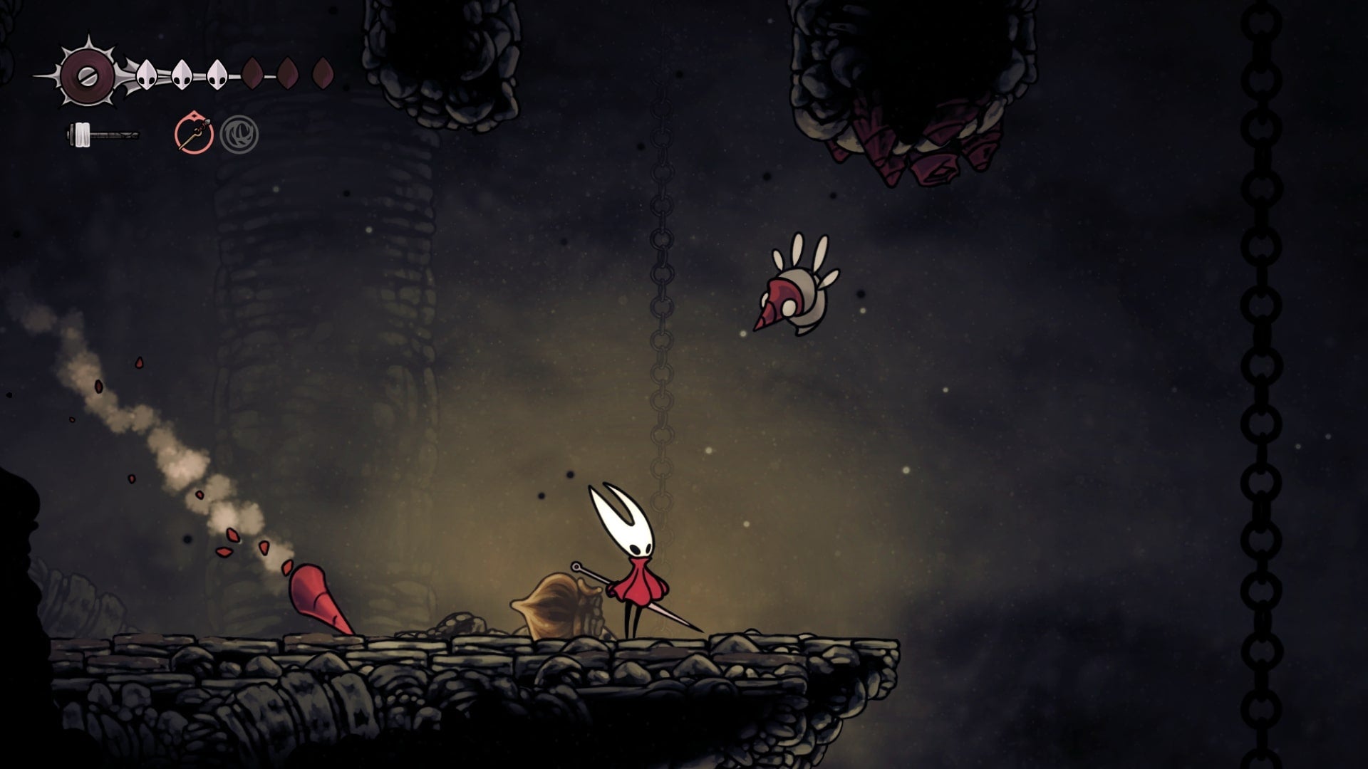 Hornet stands near a Driznit enemy in Hollow Knight: Silksong