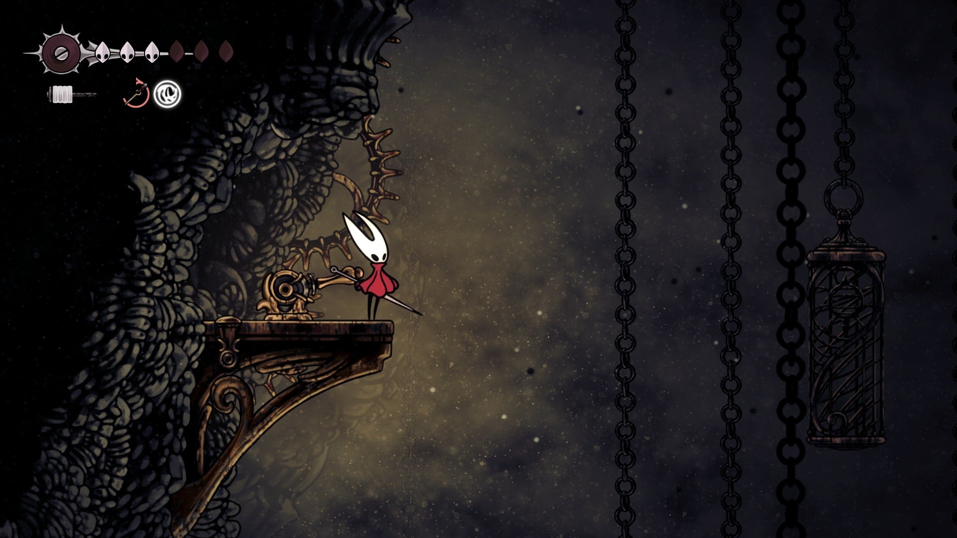 Hornet stands beside a lever in Blasted Steps in Hollow Knight: Silksong