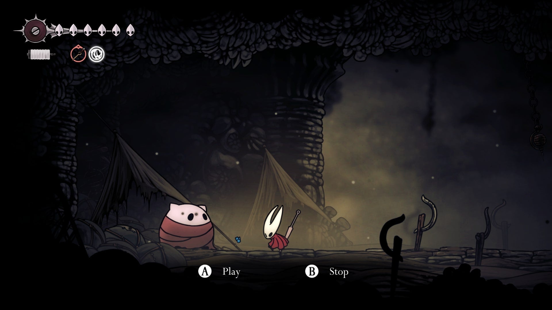 Hornet plays dice with Lumble the Lucky in Blasted Steps in Hollow Knight: Silksong
