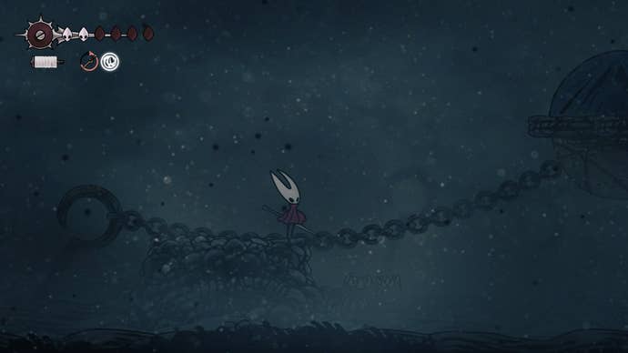 Hornet stands on a wooden platform in Blasted Steps in Hollow Knight: Silksong