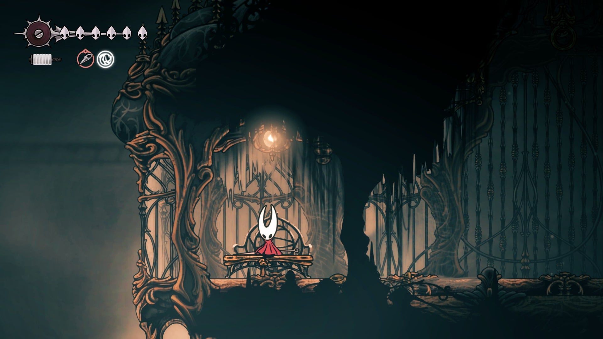 Hornet rests at a Bench in Choral Chambers in Hollow Knight: Silksong