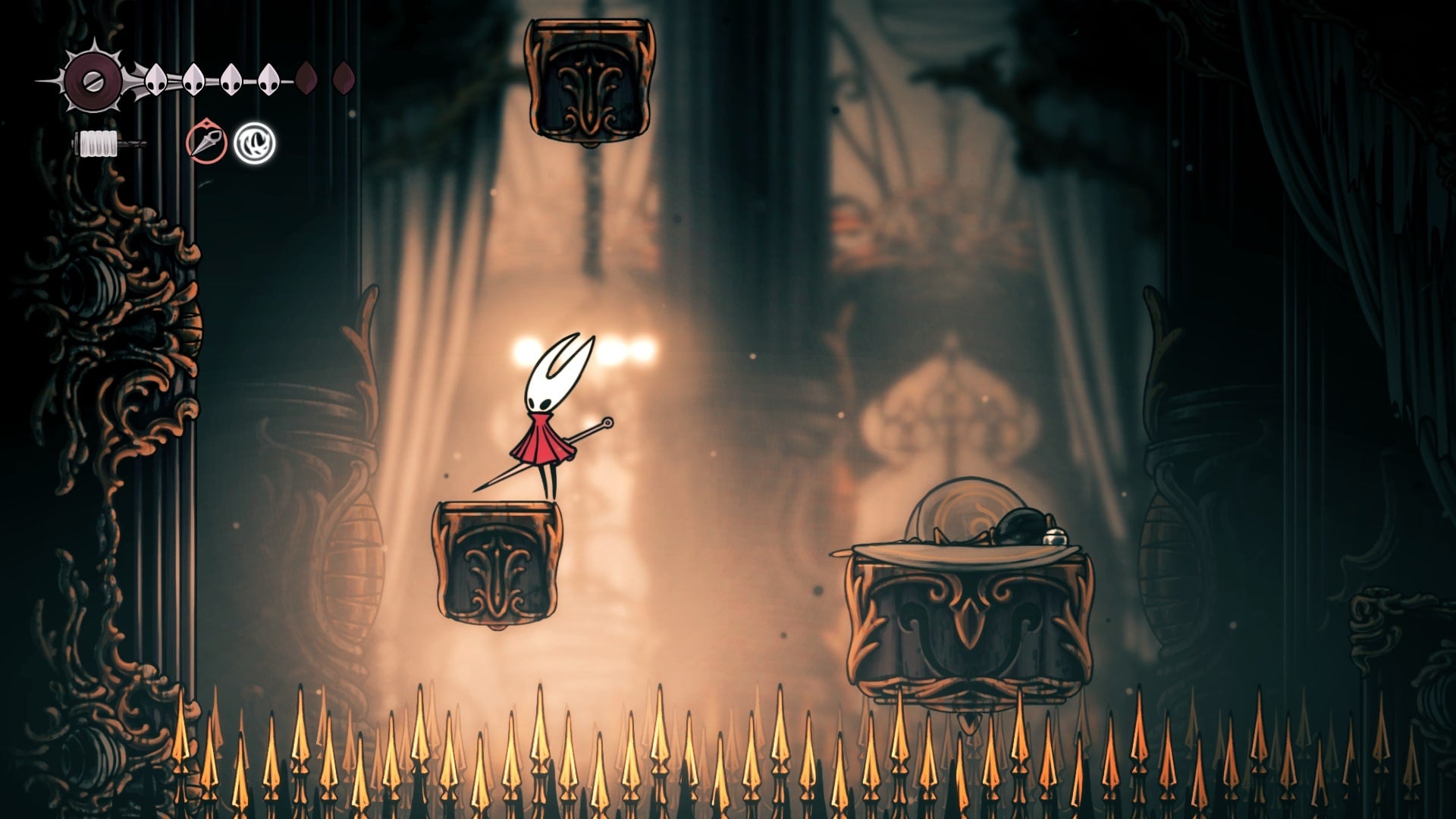 Hornet stands on a platform above some spikes in Choral Chambers in Hollow Knight: Silksong