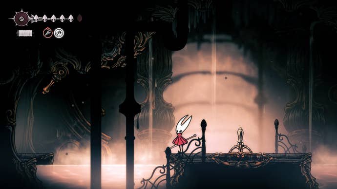 Hornet stands in the Citadel Spa in Choral Chambers in Hollow Knight: Silksong