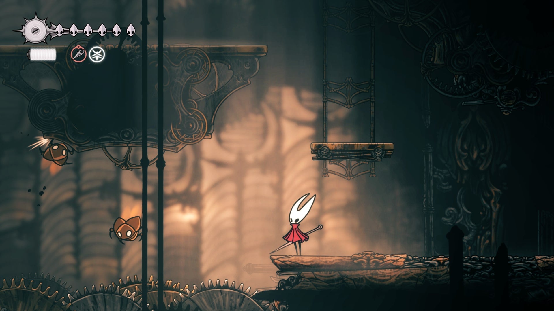 Hornet stands in a room full of Cogworker enemies and gold platforms in Choral Chambers in Hollow Knight: Silksong