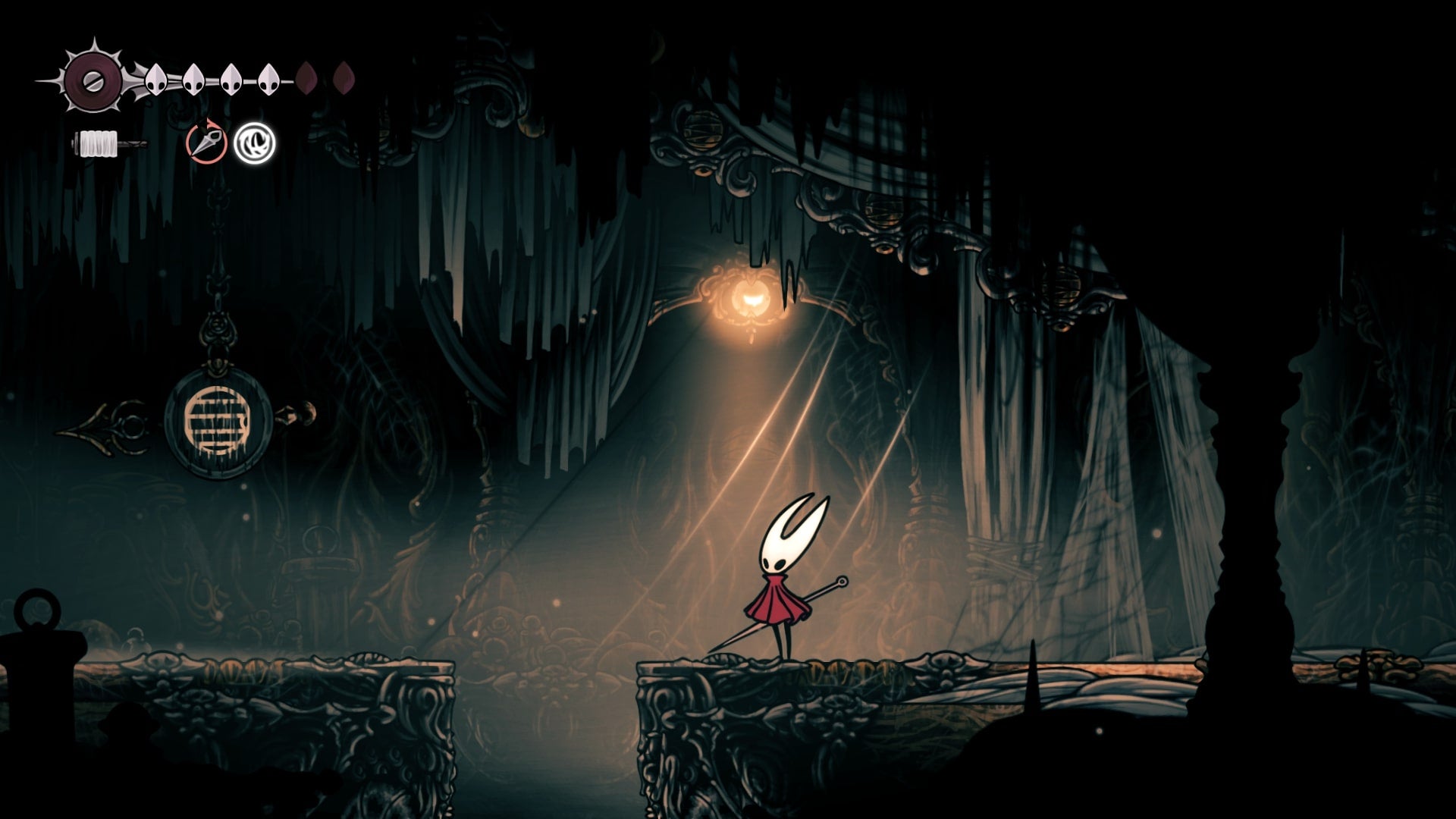 Hornet stands beside a downward exit in Choral Chambers in Hollow Knight: Silksong