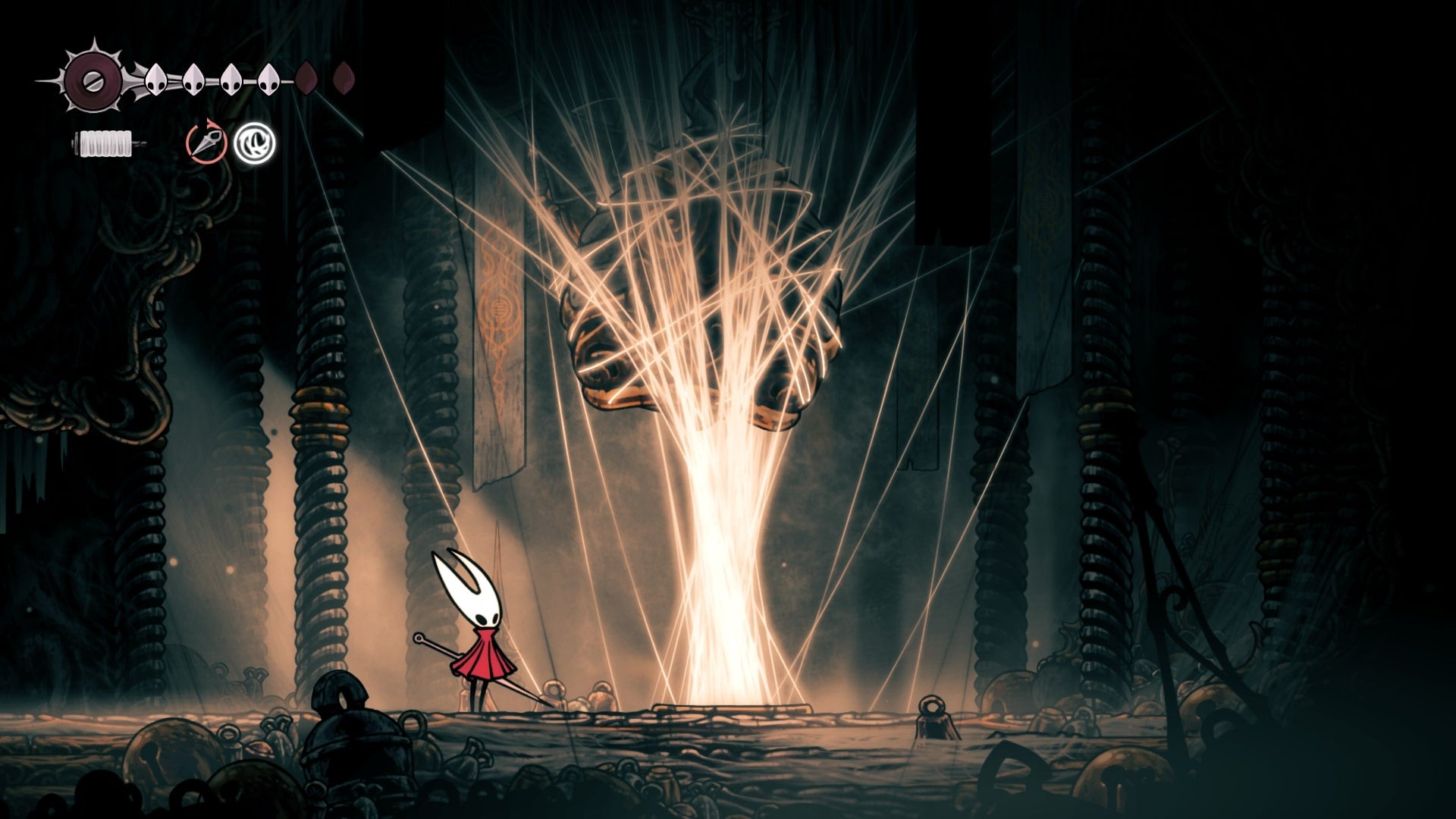 Hornet stands beside the silk-covered First Shrine in Choral Chambers in Hollow Knight: Silksong