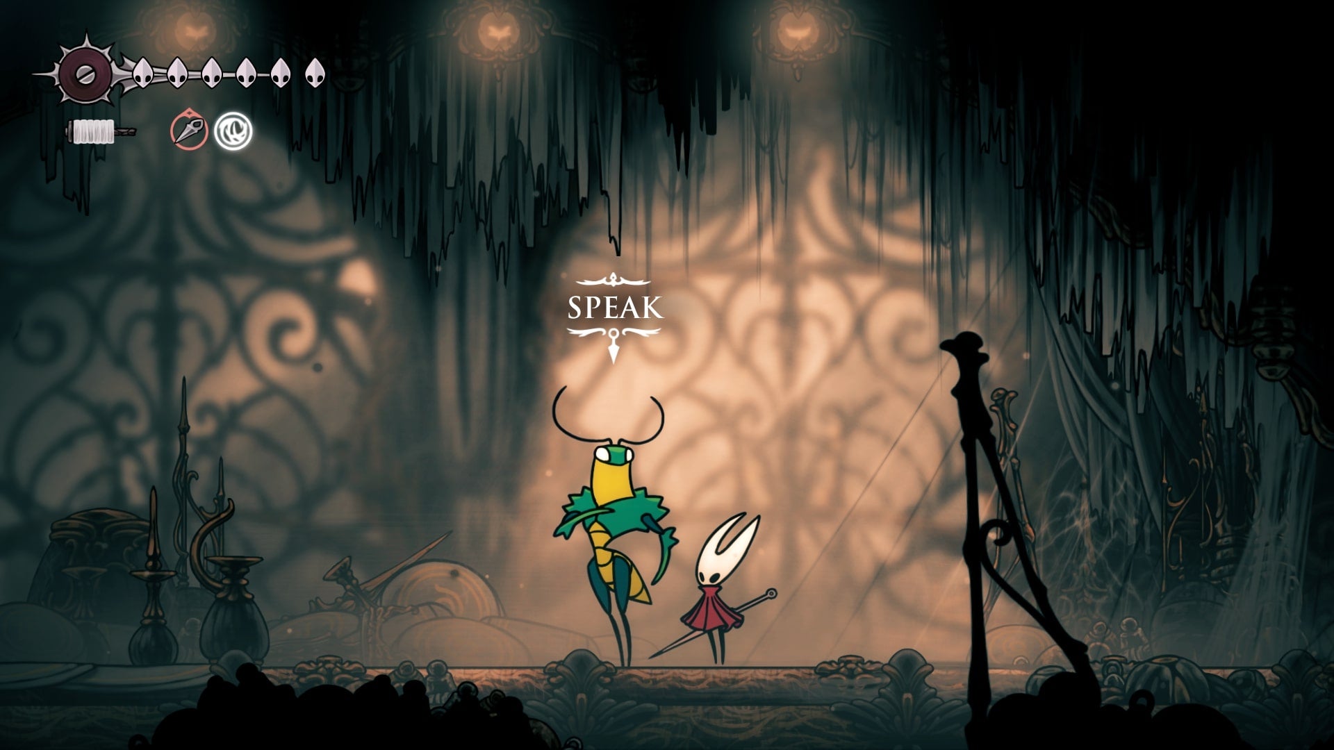 Hornet speaks to the Green Prince in Choral Chambers in Hollow Knight: Silksong