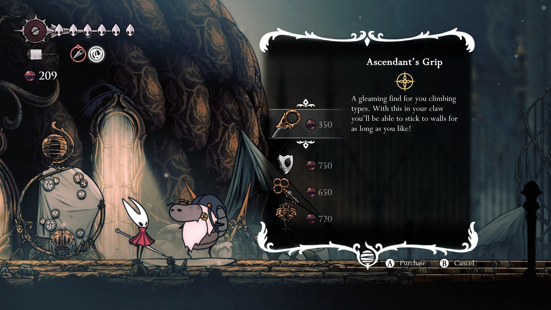 Hornet peruses Jubilana's shop in Choral Chambers in Hollow Knight: Silksong