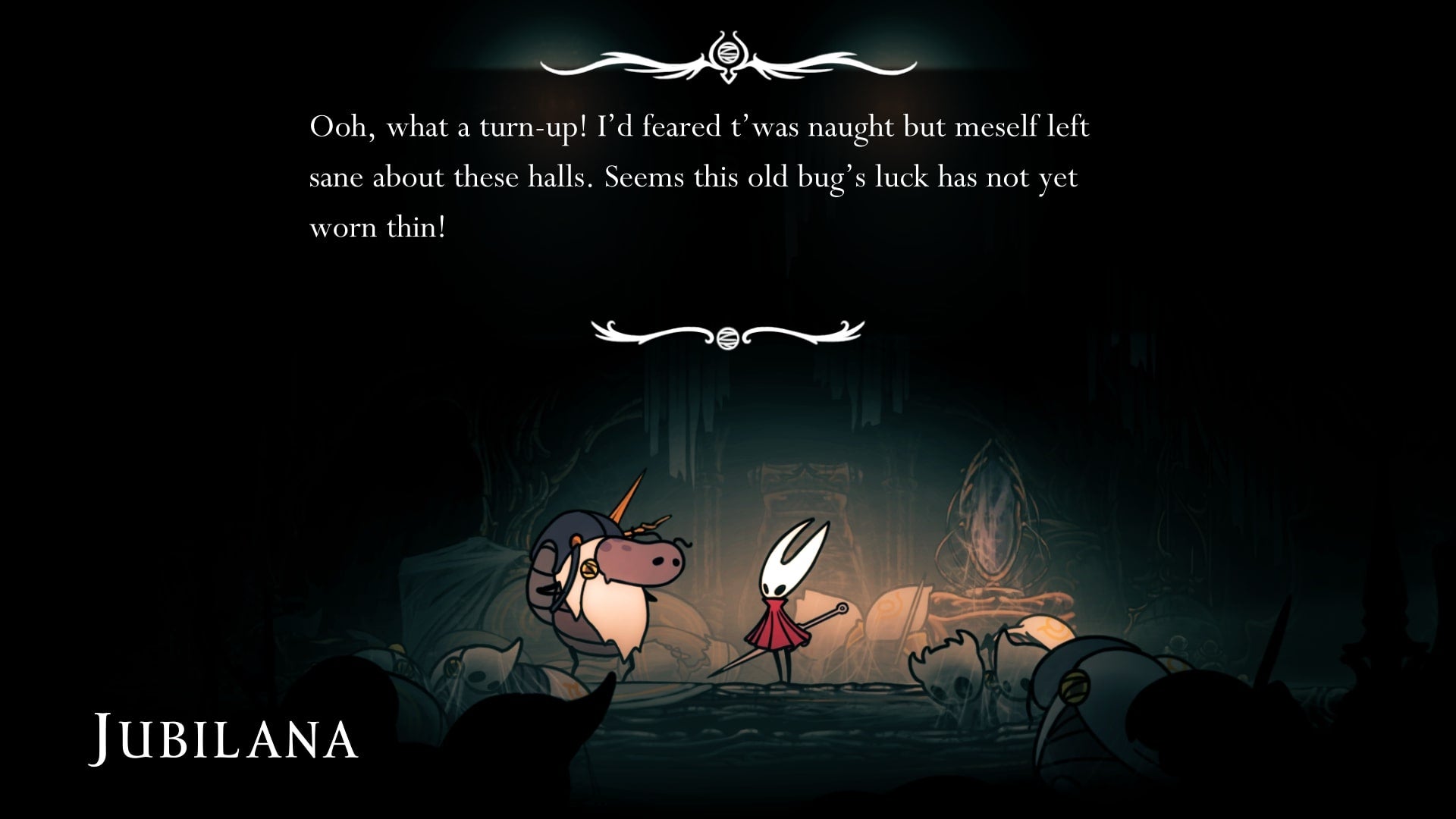 Hornet speaks to Jubilana in Choral Chambers in Hollow Knight: Silksong