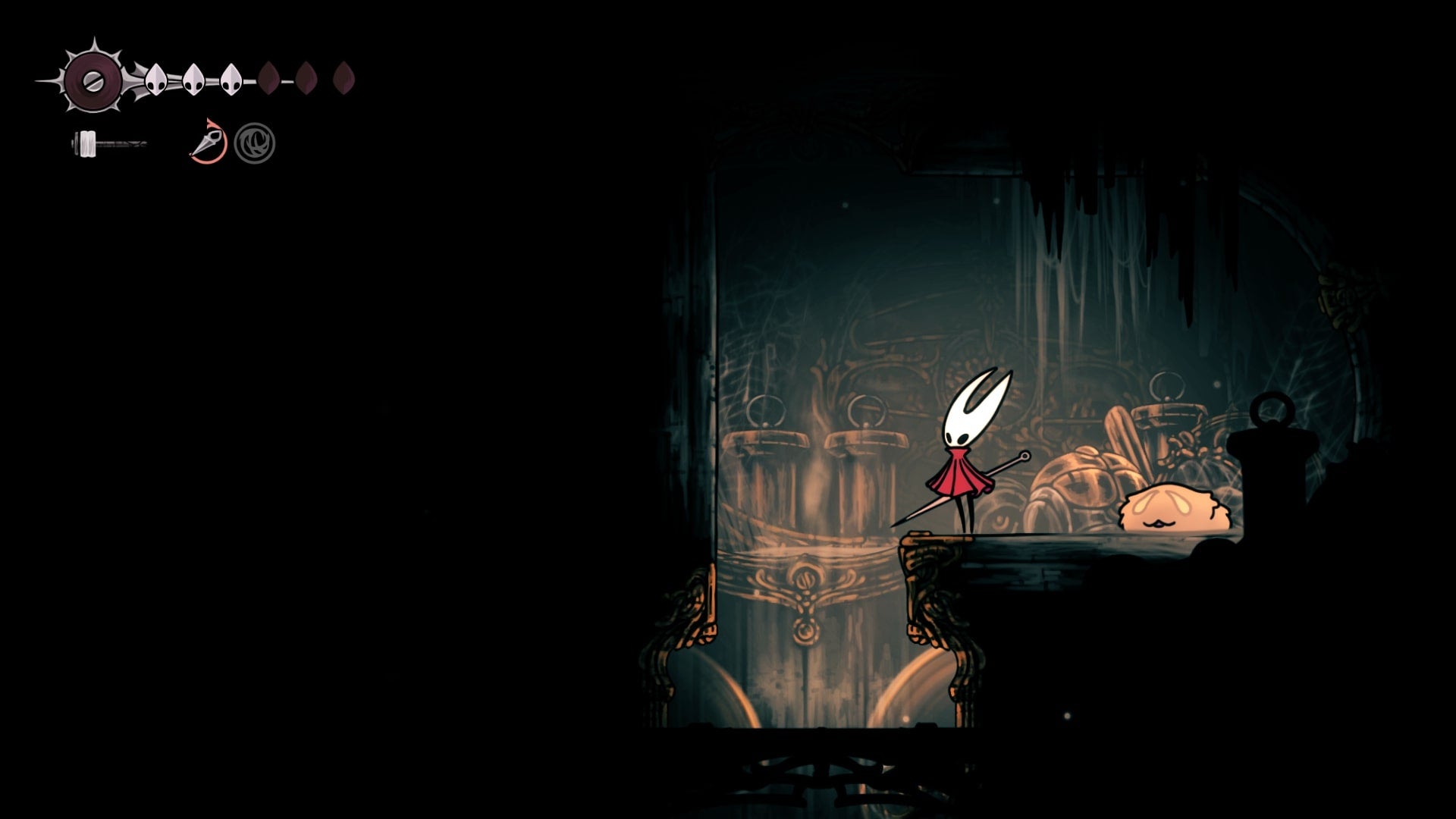 Hornet stands beside a sleeping lost Flea in Choral Chambers in Hollow Knight: Silksong