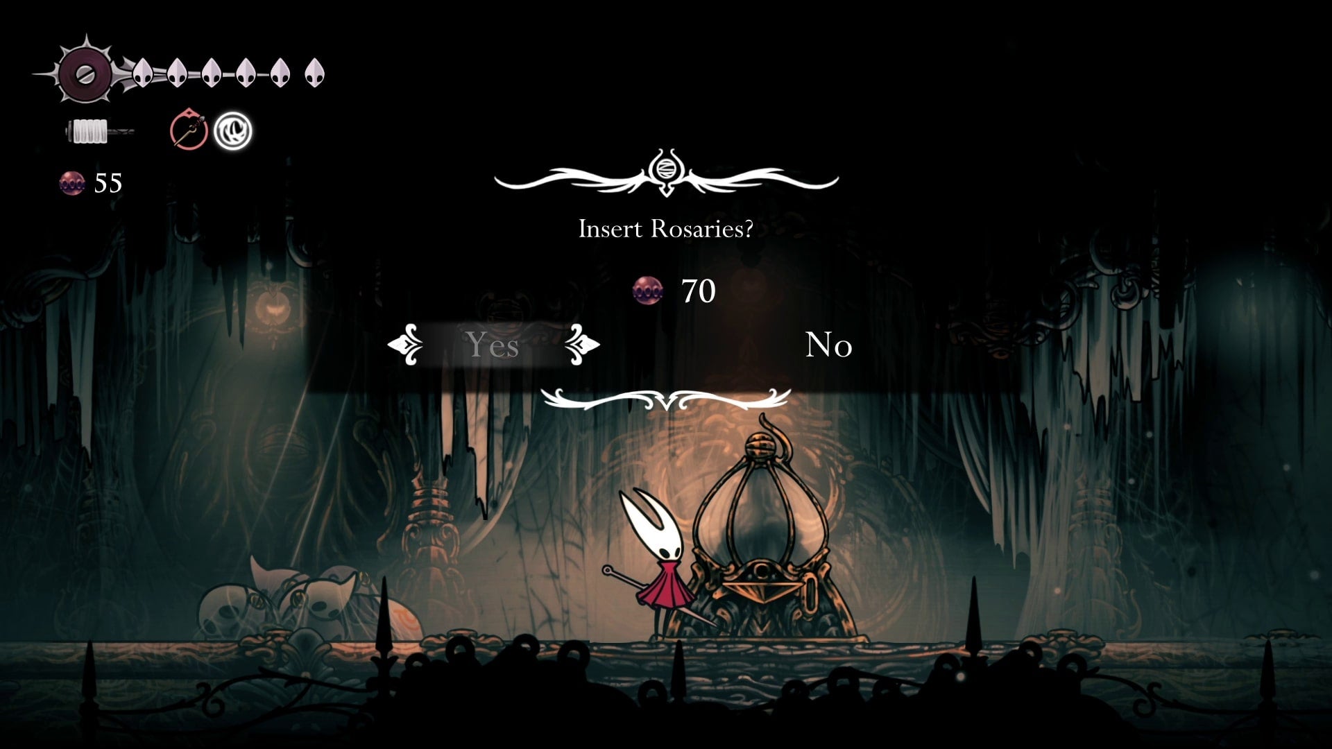 Hornet interacts with the map dispensary machine in Choral Chambers in Hollow Knight: Silksong