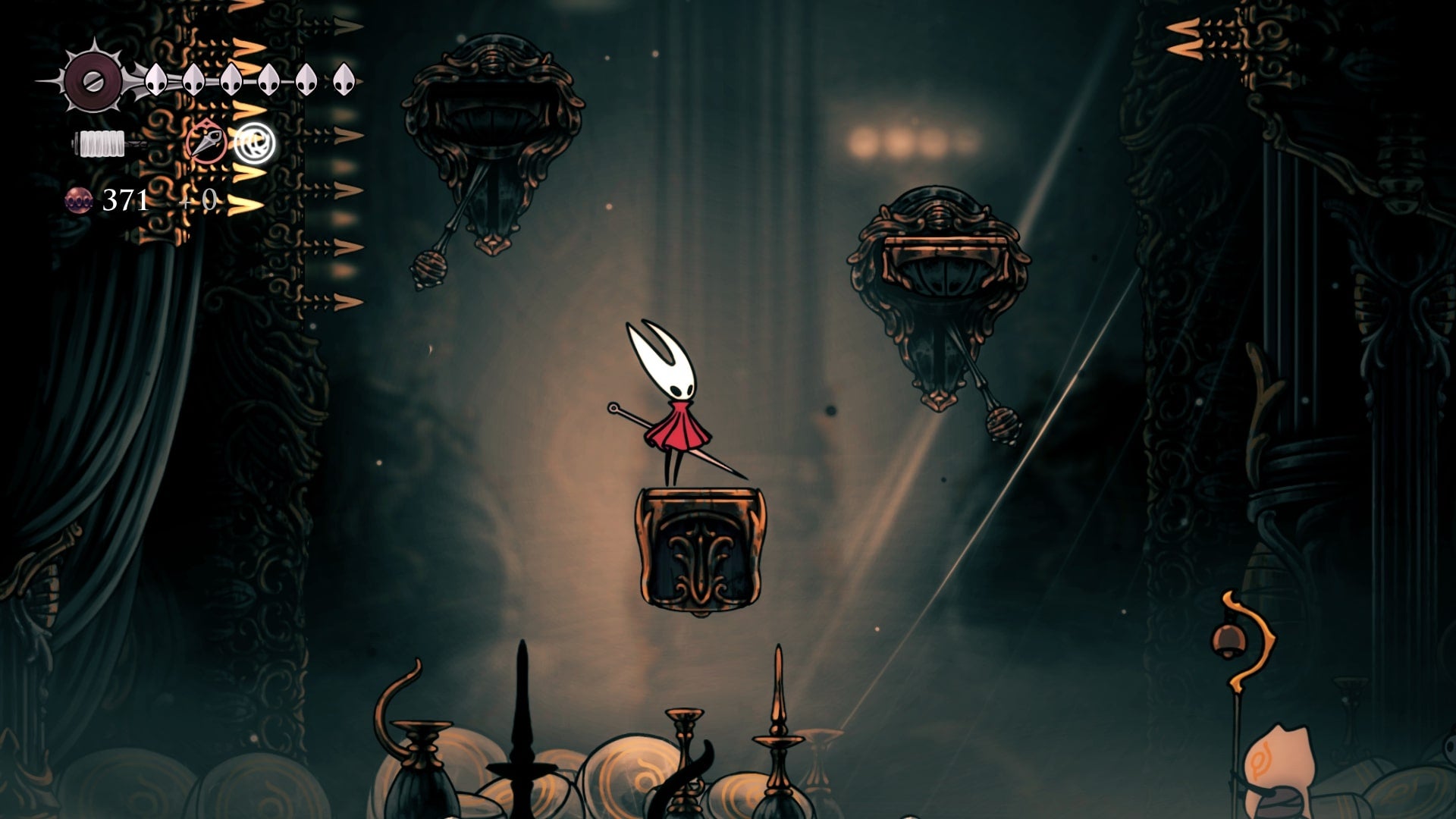 Hornet stands on a platform beside some disappearing platforms in Choral Chambers in Hollow Knight: Silksong
