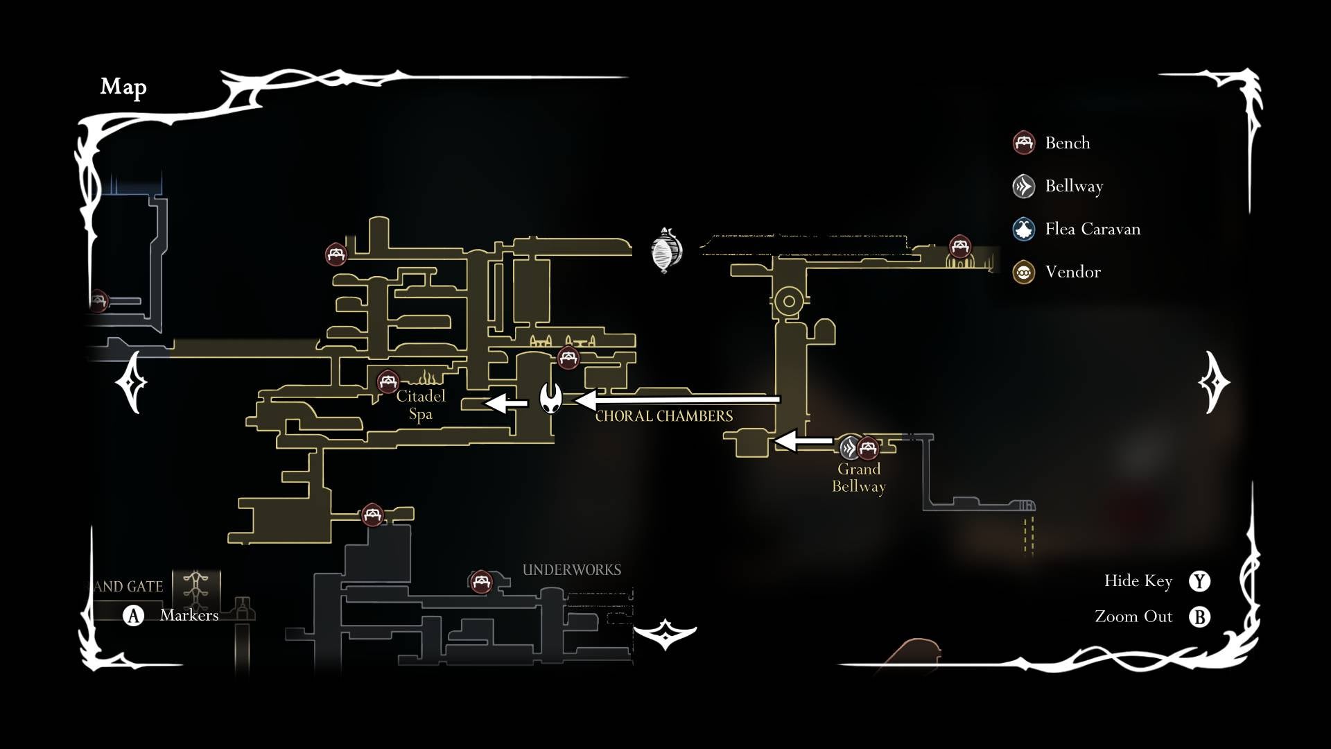 A route is drawn on the map of Choral Chambers in Hollow Knight: Silksong