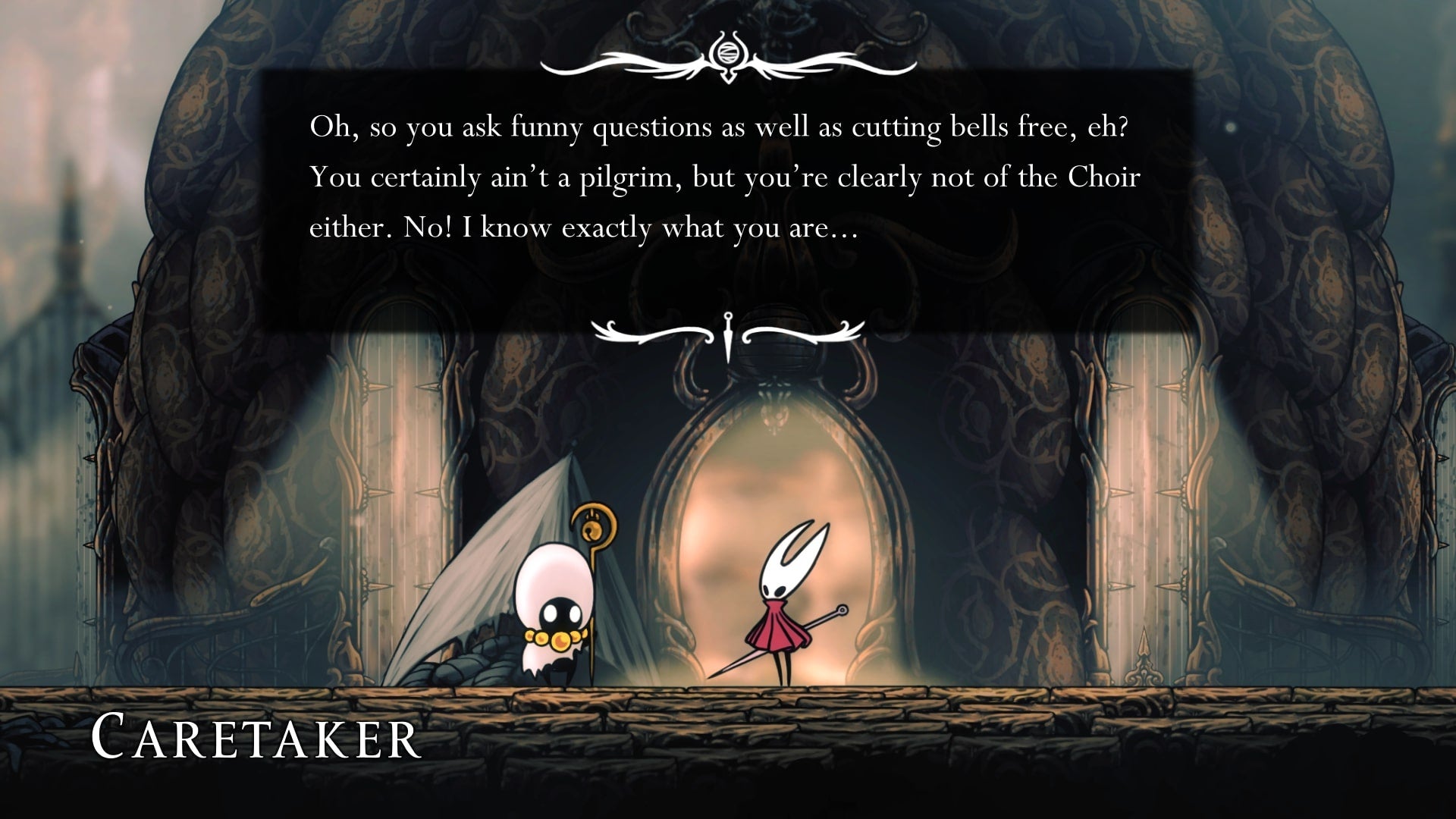 Hornet speaks to the Songclave Caretaker in Choral Chambers in Hollow Knight: Silksong