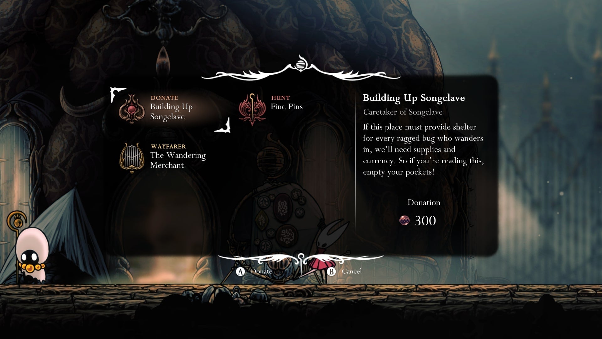 Hornet looks at the Songclave Wish Board in Choral Chambers in Hollow Knight: Silksong