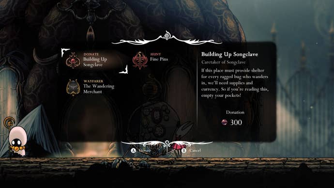 Hornet looks at the Songclave Wish Board in Choral Chambers in Hollow Knight: Silksong