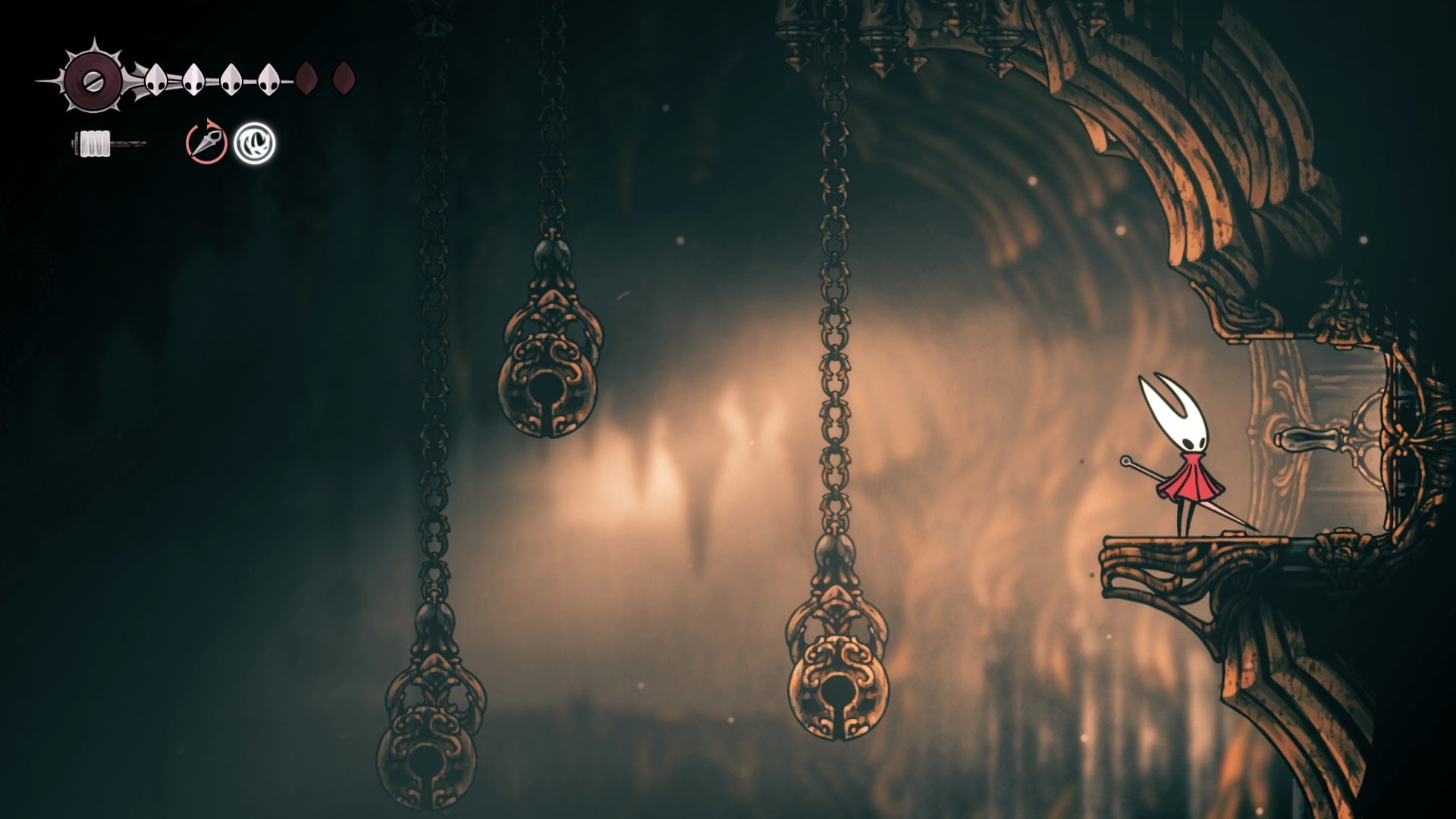 Hornet stands beside a lever atop a tall chamber in Choral Chambers in Hollow Knight: Silksong