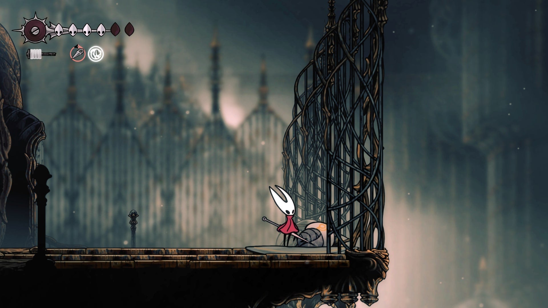 Hornet loots a White Key off a corpse in Choral Chambers in Hollow Knight: Silksong