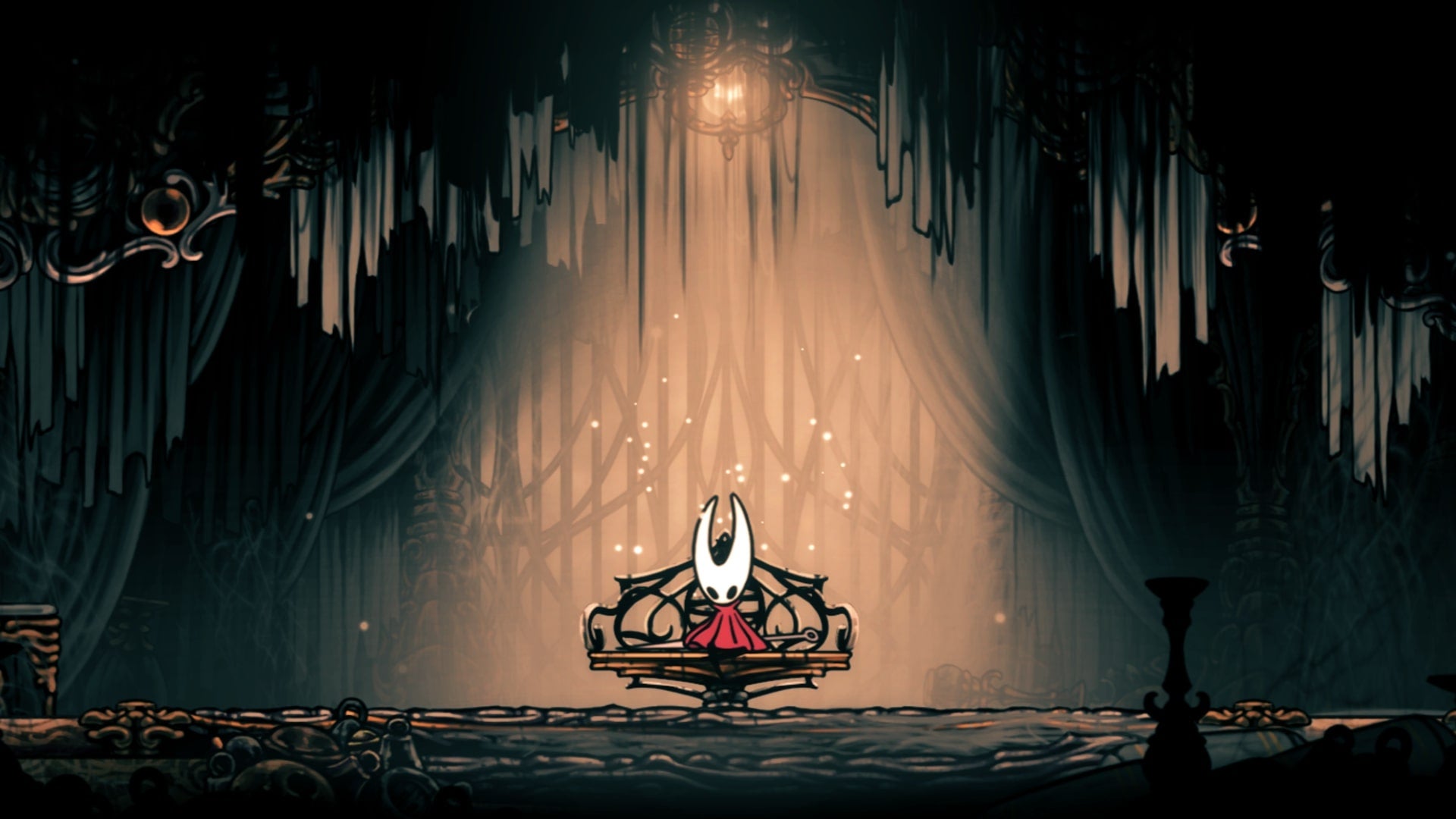 Hornet rests on a Bench in Choral Chambers in Hollow Knight: Silksong