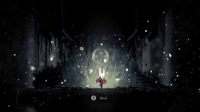 Hornet interacts with the Cling Grip Skill altar in Shellwood in Hollow Knight: Silksong