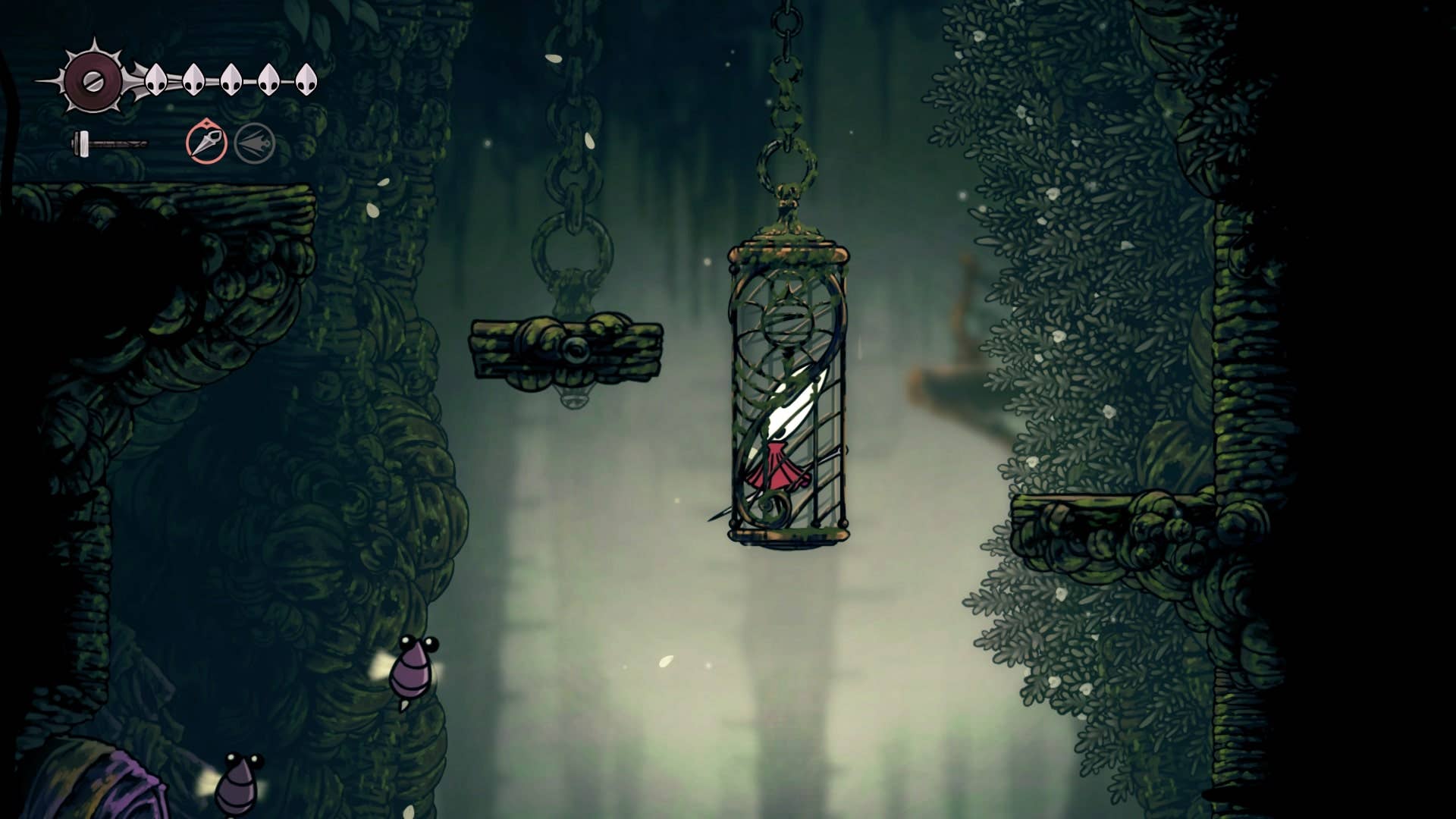 Hornet monta um elevador em Shellwood em Hollow Knight: Silksong