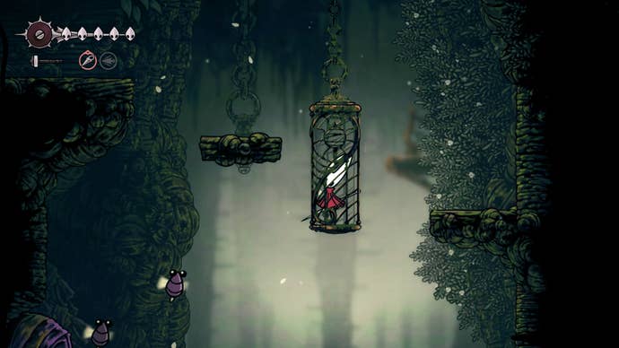 Hornet rides an elevator in Shellwood in Hollow Knight: Silksong