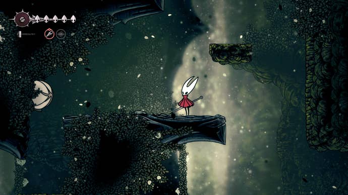 Hornet stands on a ledge beside a sleeping Gahlia enemy in Shellwood in Hollow Knight: Silksong