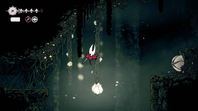 Hornet pogo's off of a white flowerbud in Shellwood in Hollow Knight: Silksong