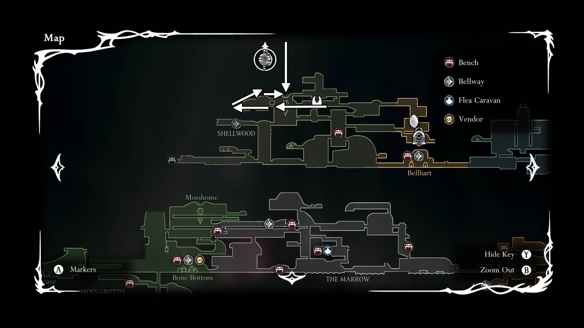 A rota para se agarrar da irmã Splinter Boss é rotulada em um mapa de Shellwood em Hollow Knight: Silkrong