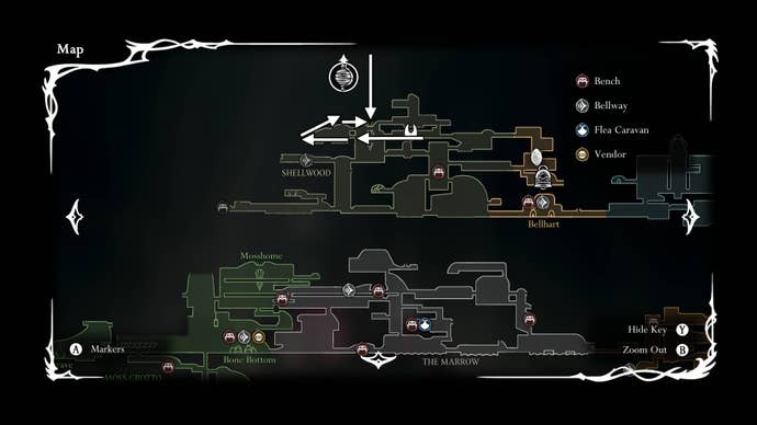 The route to Cling Grip from the Sister Splinter boss is labeled on a map of Shellwood in Hollow Knight: Silksong
