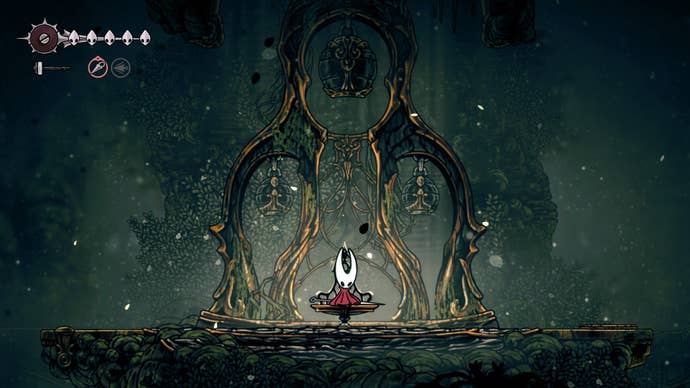 Hornet sits on a Bench in Shellwood in Hollow Knight: Silksong