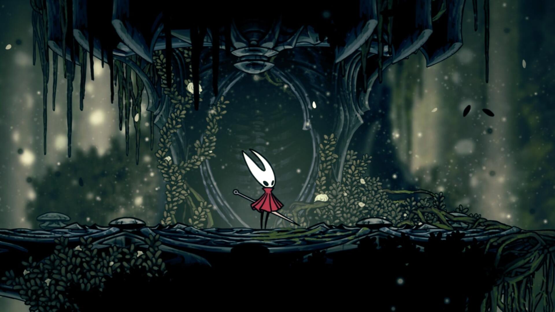 Hornet stands in front of the altar where Cling Grip is unlocked in Shellwood in Hollow Knight: Silksong