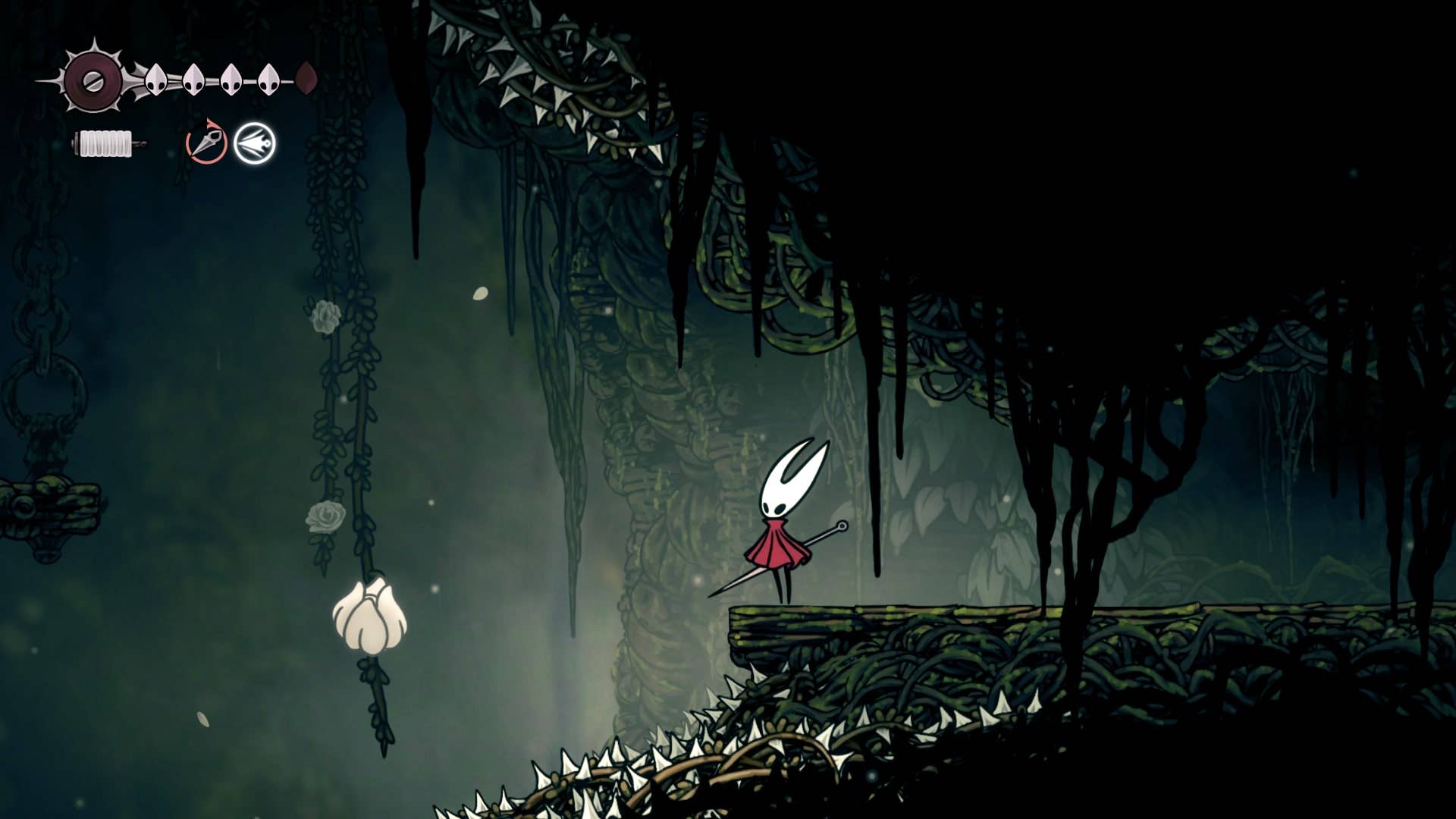Hornet fica em uma borda ao lado de um Blowbud Branco que ela pode Pogo fora de In Shellwood em Hollow Knight: Silksong