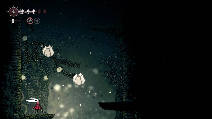 Hornet looks at some white flowerbuds she can pogo off of in Shellwood in Hollow Knight: Silksong